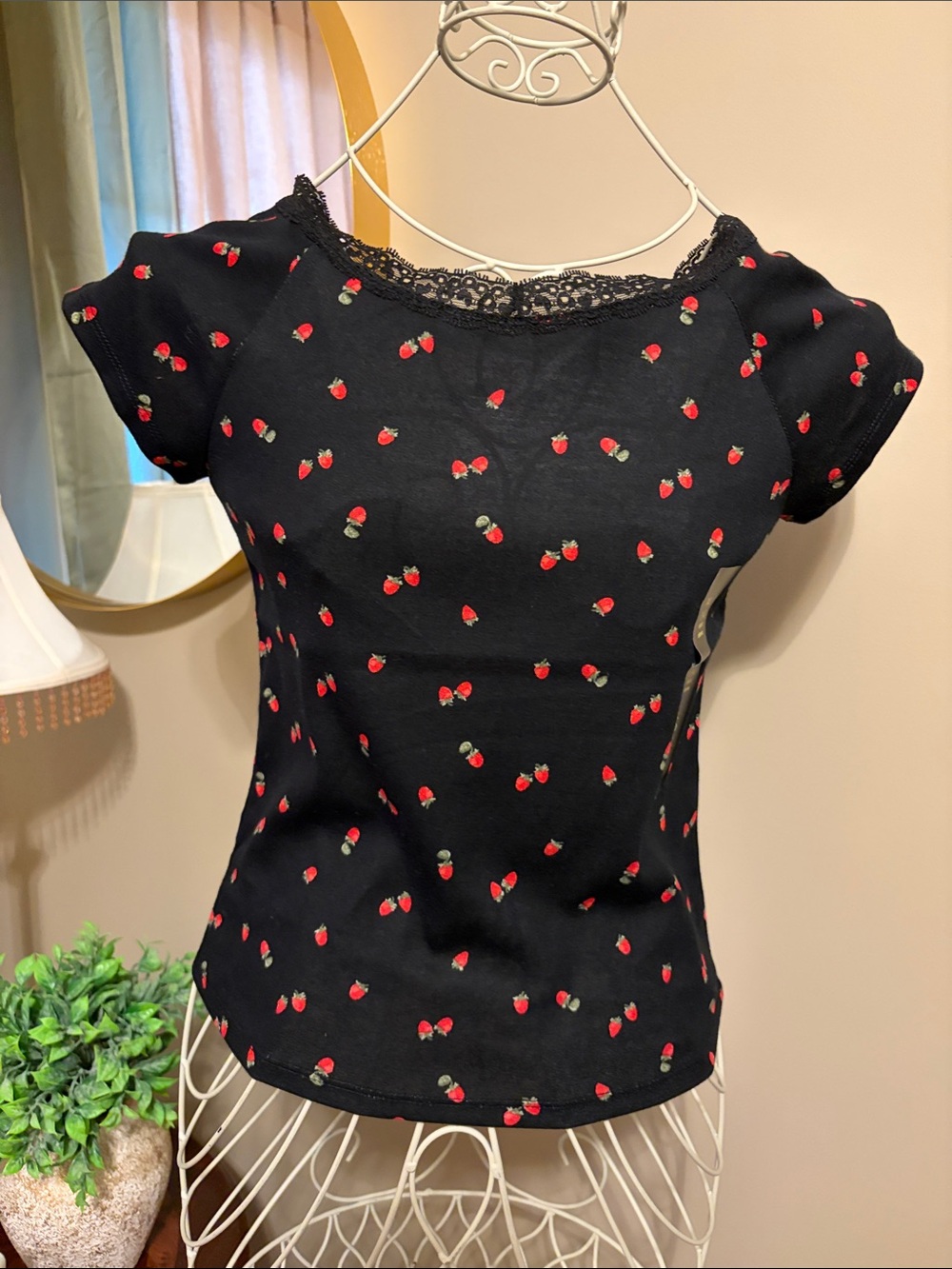 Black Strawberry Print Lace-Trim Girl’s Top
